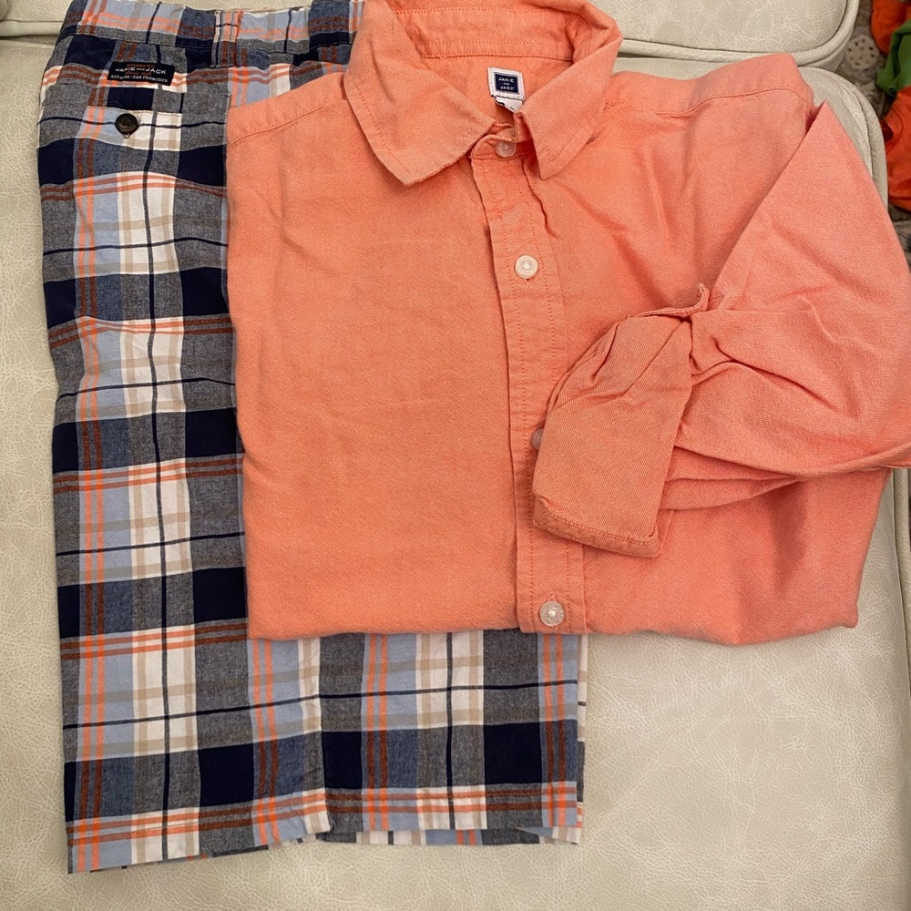 (2) Orange Button-Up Shirt and Plaid Shorts Set